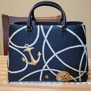 Lauren Ralph Lauren Black Satchel with Gold and White Accents